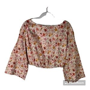 J.Crew x Liberty Fabric Sz M Floral Crop Top Bell Sleeve Cotton Pink/Orange EUC